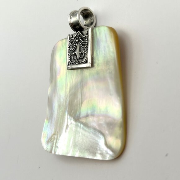 Artisan Sterling Silver 925 Mother of Pearl Iridescent Pendant Shell Boho 2in - Picture 5 of 10